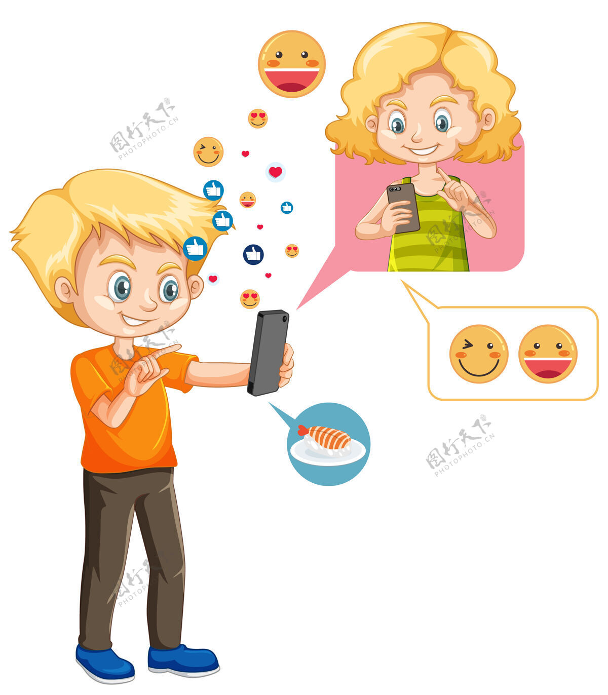 人类男孩在智能手机上与朋友聊天 表情图标卡通风格隔离在白色背景上男孩女性孩子