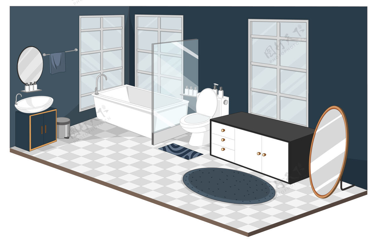 淋浴浴室室内家具现代风格室内等角图地毯