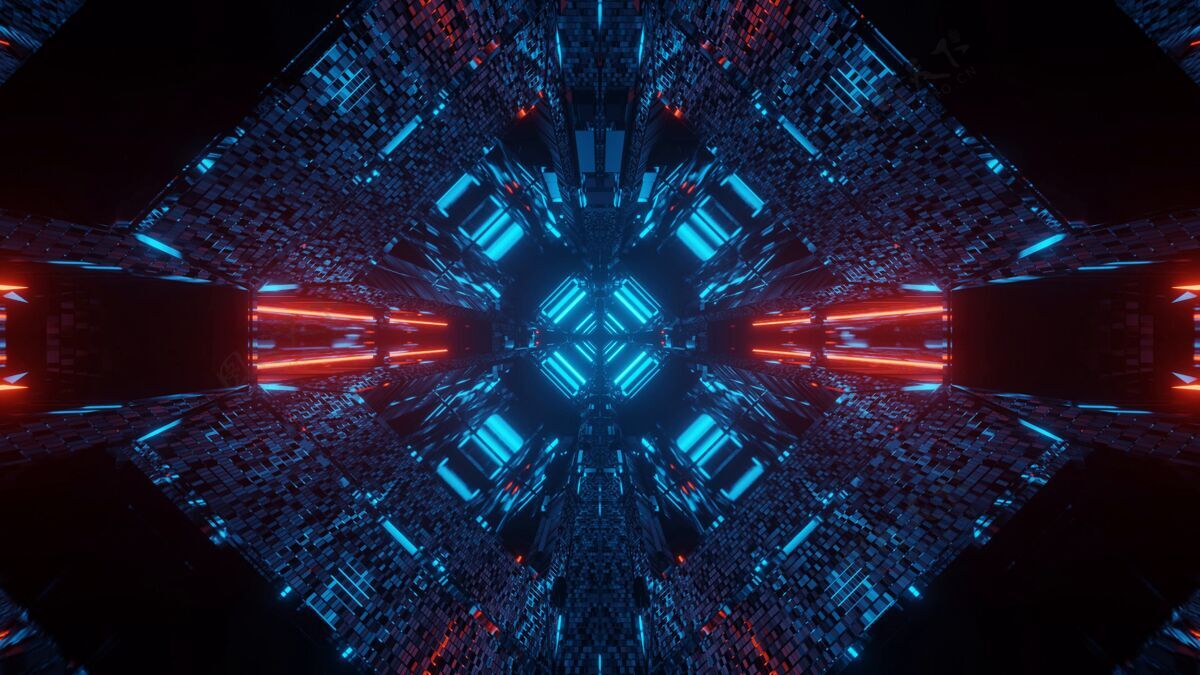 黑色红色和蓝色霓虹灯的抽象科幻未来主义背景波浪数字装饰