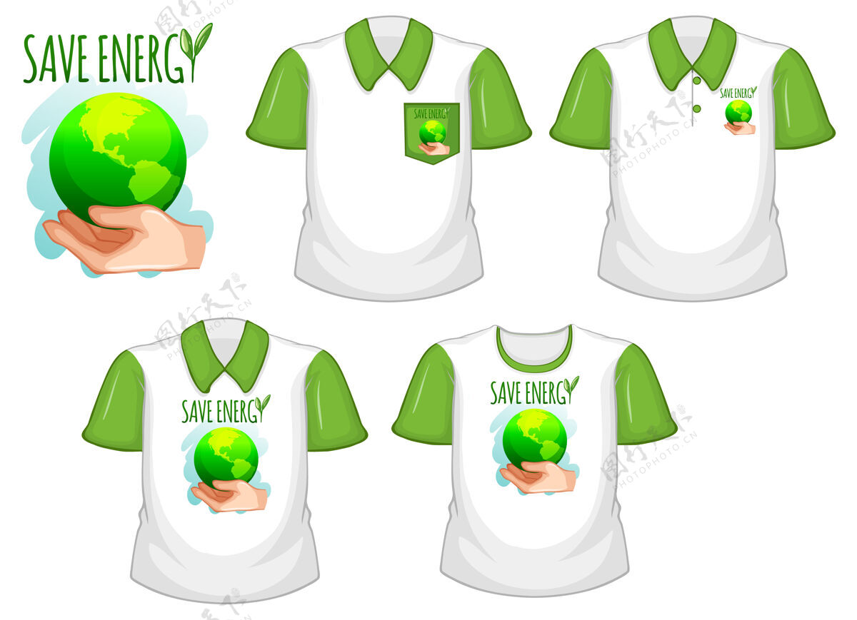 空白节能标志和一套不同的白色衬衫与绿色短袖隔离在白色表演男人团体