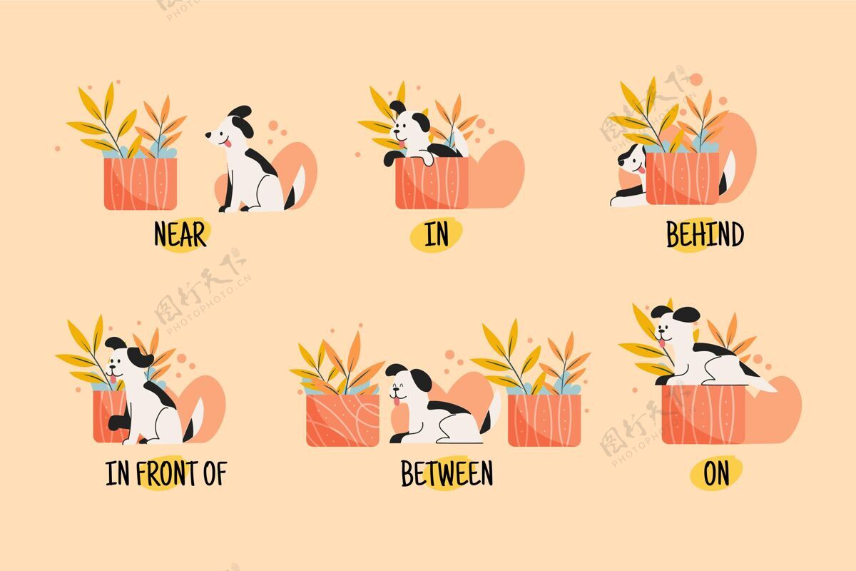 教学带狗插图的英语介词教育者孩子知识