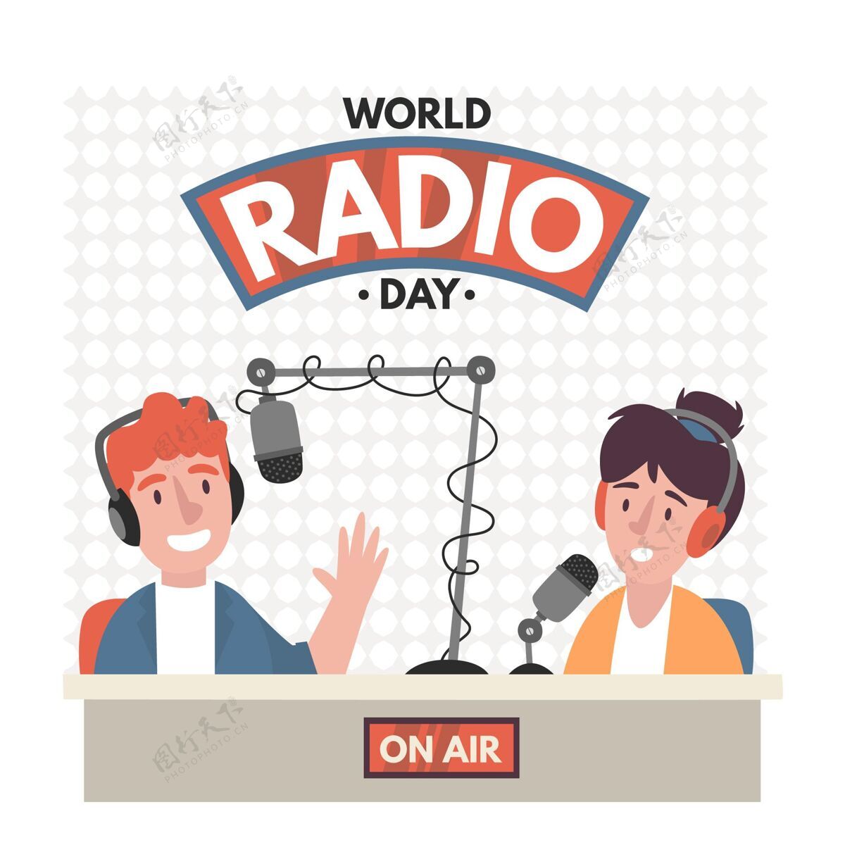 设计平面手绘世界广播日背景与主持人音乐收音机媒体