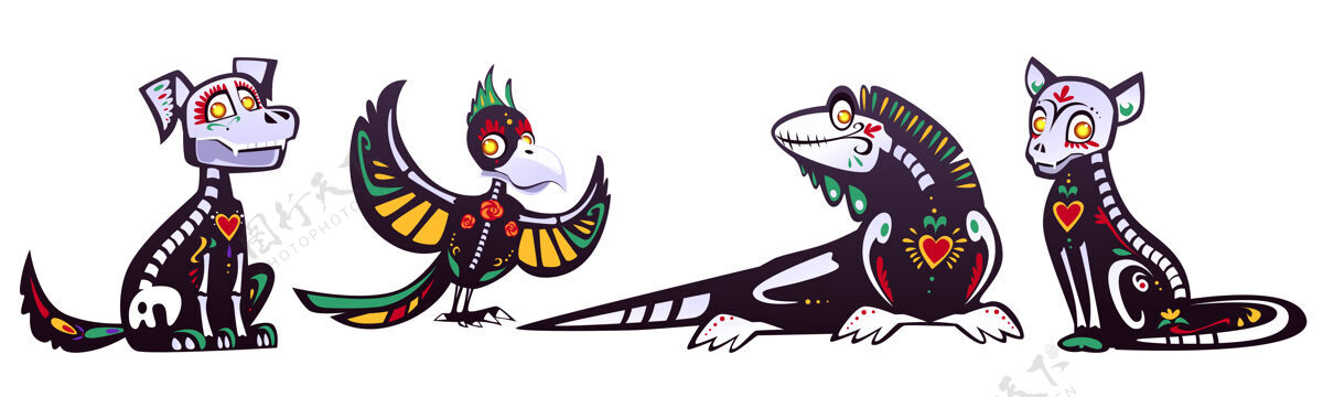 卡通墨西哥动物骷髅死亡日由黑猫 狗 鹦鹉和蜥蜴组成的卡通套装 有丰富多彩的骨头 头骨 心脏和花朵图案花糖头骨