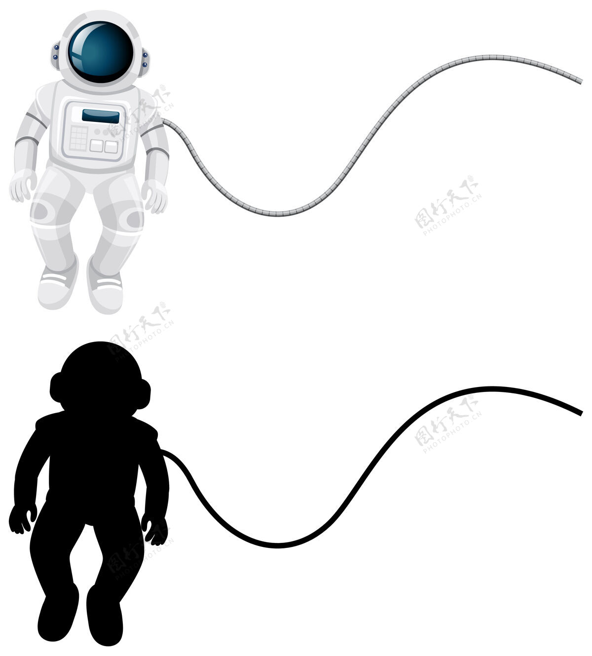影子一组宇航员角色和白色背景上的轮廓剪影宇航员卡通