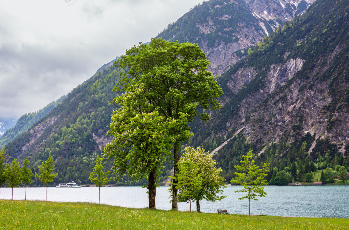 栗子阿肯西（阿肯湖）夏季景观 绿色草地和岸边的木凳（奥地利）雪阴天水