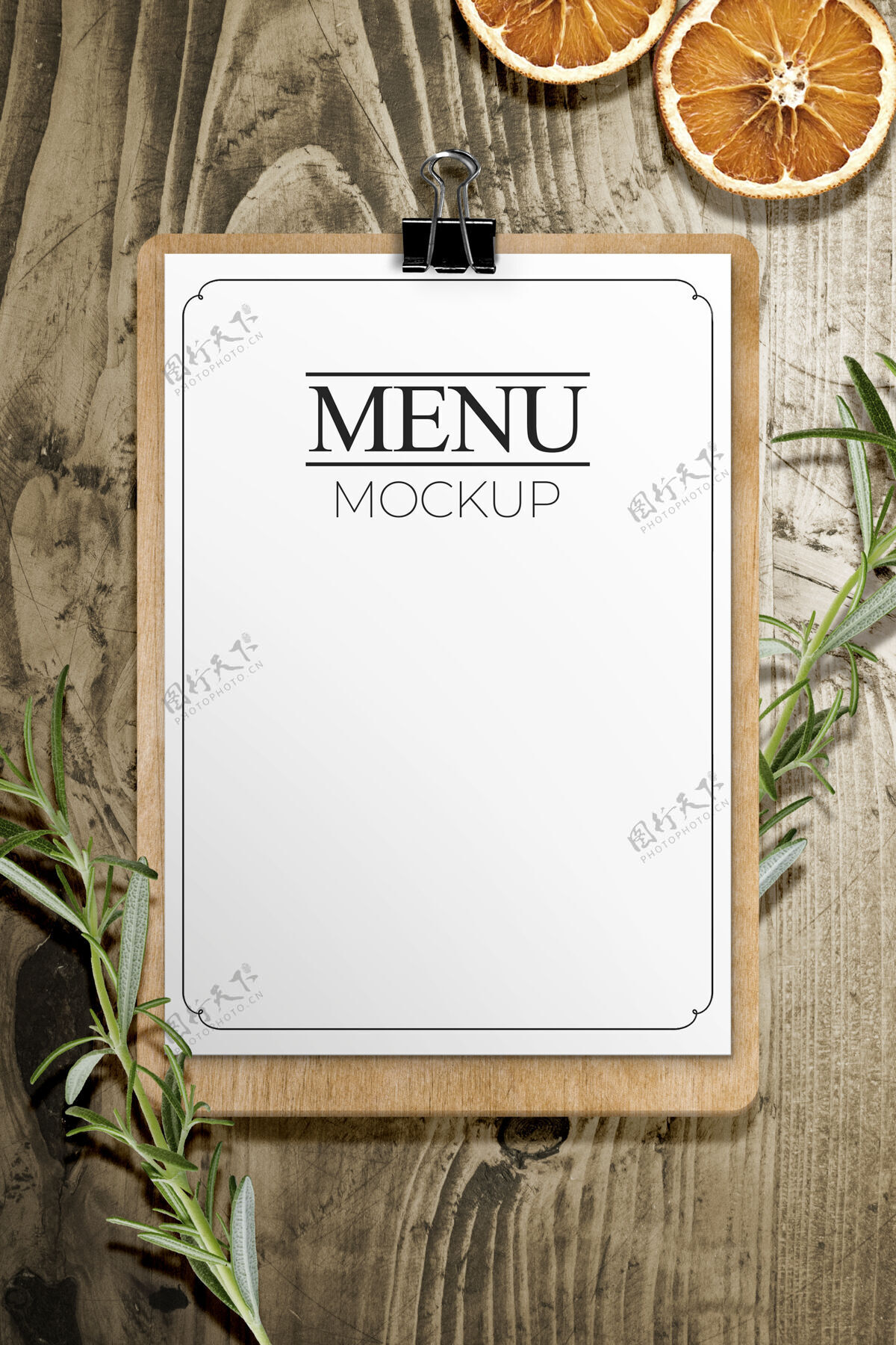 三维木桌模型上的菜单单菜单剪贴板模板