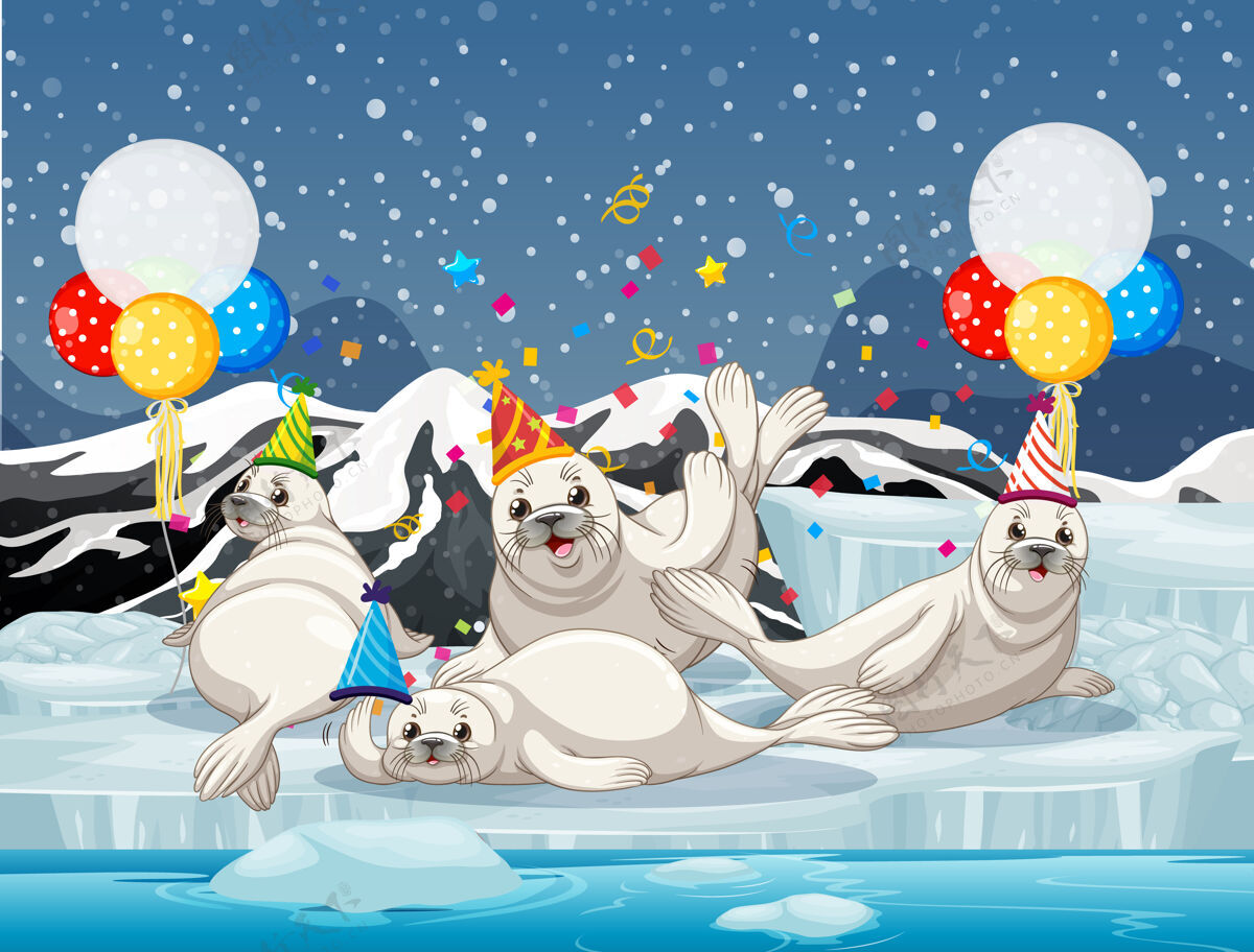 霜冻海豹集团在党的主题卡通人物南极背景寒冷冬天气球