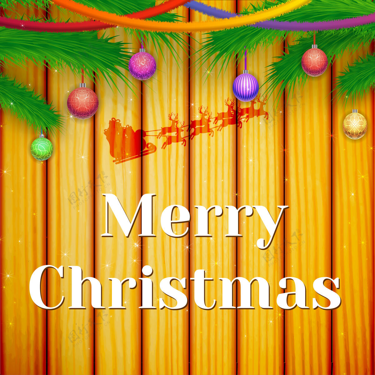 丝带用绿色杉木树枝和彩色丝带在木头上挂华丽的球过冬卡片庆祝悬挂欢乐