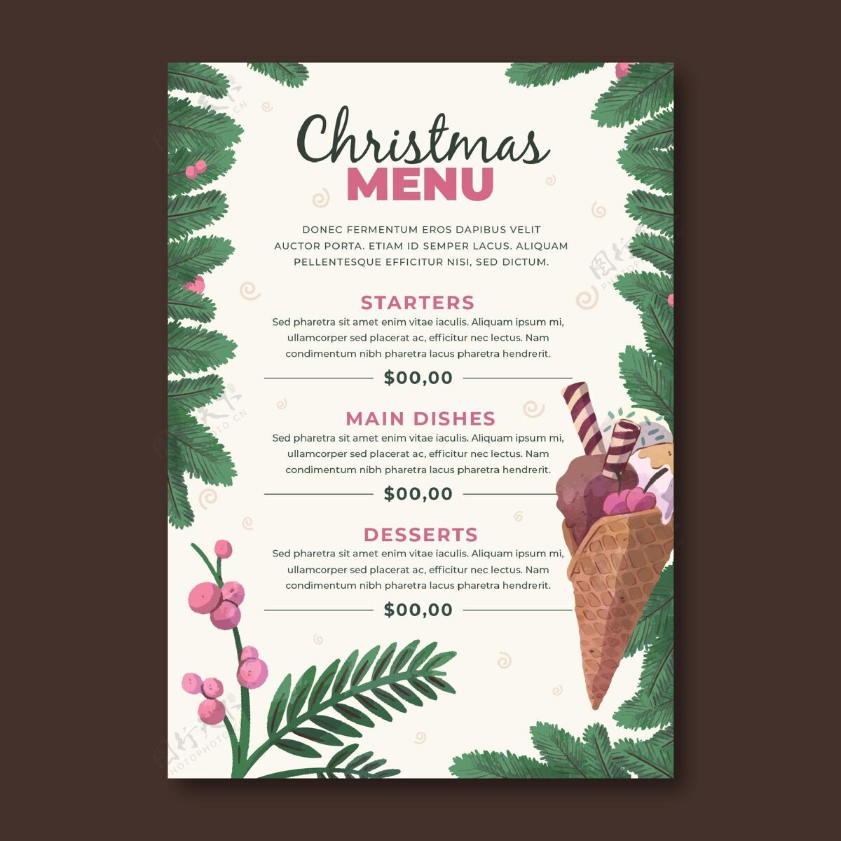 季节水彩圣诞菜单模板快乐传统印刷