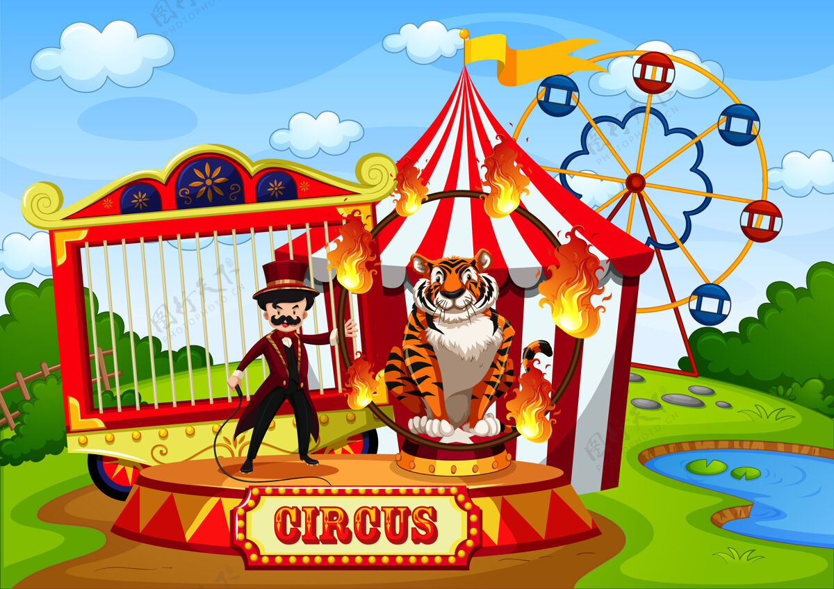 动物卡通风格的马戏团游乐场猫动物游乐场