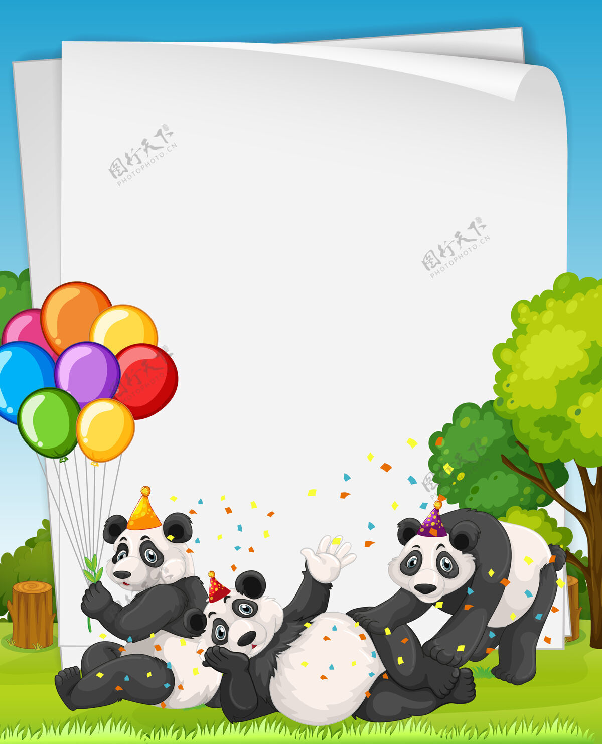 野生动物派对主题中有许多熊猫的空白横幅收藏页面笔记