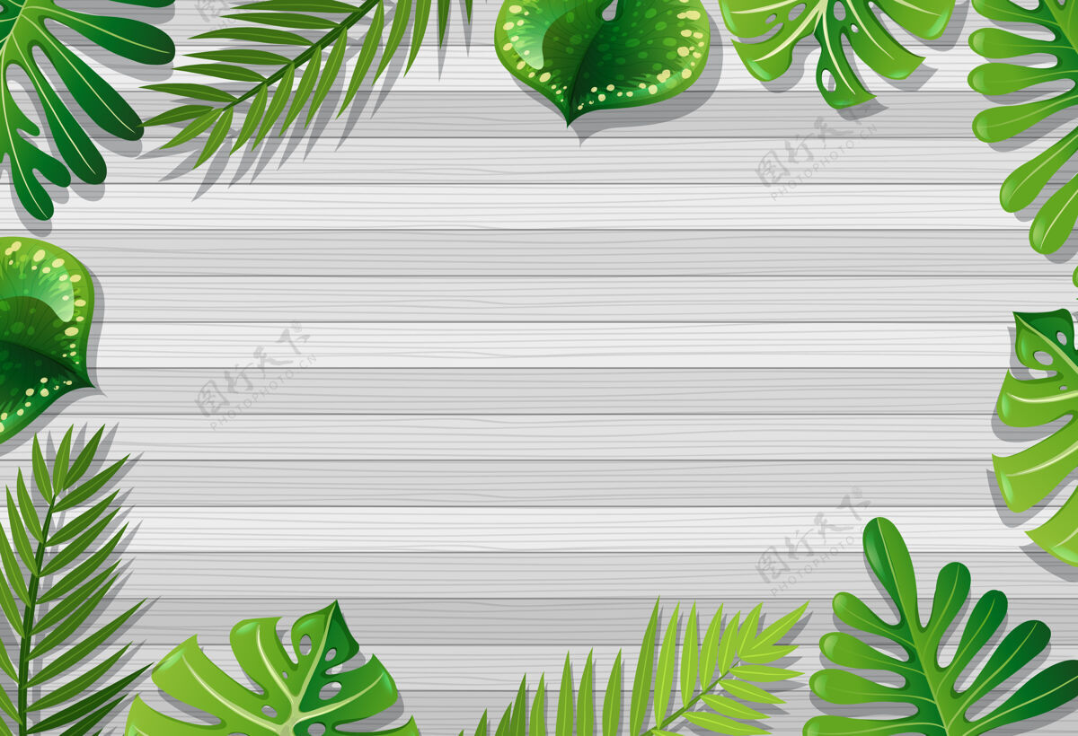 卡通带有树叶元素的空白木桌俯视图模板框架绿色