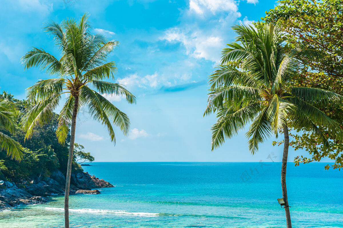 沙滩美丽的热带海滩 大海 椰子树 蓝天白云环绕波浪自然树叶