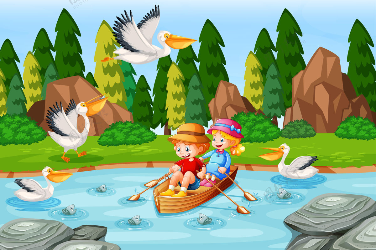 女孩孩子们在小溪森林里划船动物飞行男孩